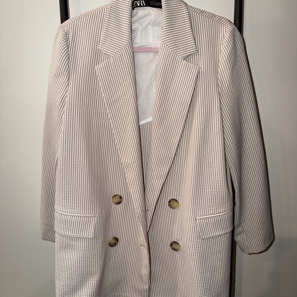 Zara XS Cream/Beige Striped Double-Breasted Blazer